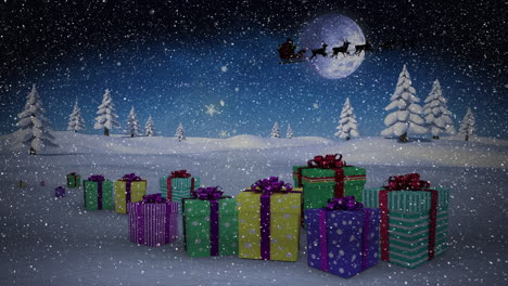 Animation-of-falling-snow-over-santa-claus-sleigh-and-winter-scenery