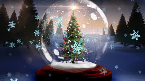 Animation-of-snow-falling-over-winter-landscape-and-snow-globe-with-christmas-tree