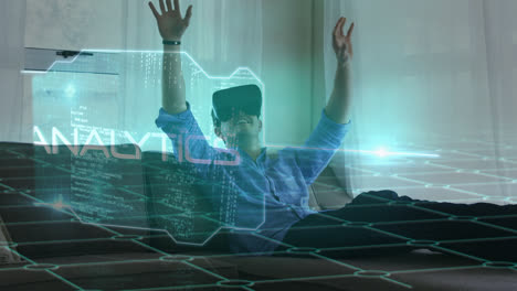 Animation-of-data-processing-over-disabled-caucasian-man-using-vr-headset