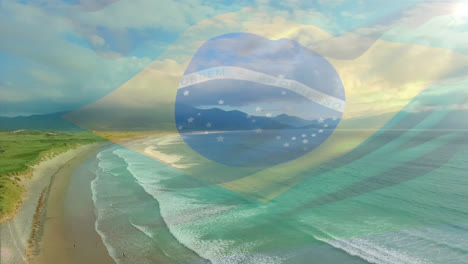 Digitale-Komposition-Der-Wehenden-Brasilianischen-Flagge-Vor-Der-Luftaufnahme-Des-Strandes