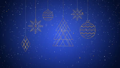Animation-of-christmas-decorations-over-snow-falling-on-blue-background