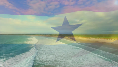 Digitale-Komposition-Aus-Wehender-Ghana-Flagge-Vor-Der-Luftaufnahme-Des-Strandes
