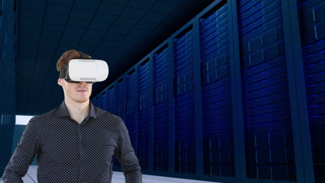 Animation-of-man-wearing-vr-headset-over-server-room
