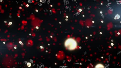 Schneeflocken-Symbole-Vor-Roten-Lichtpunkten,-Die-Vor-Schwarzem-Hintergrund-Schweben