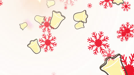 Multiple-red-snowflakes-icons-and-christmas-bell-icons-against-pink-background
