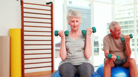 Two-senior-citizens-working-with-physiotherapist