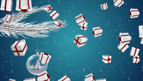 Animation-of-christmas-presents-and-baubleover-snow-falling-on-blue-background