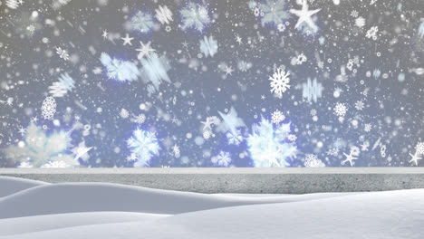 Snow-falling-over-winter-landscape-against-multiple-snowflakes-icons-on-blue-background