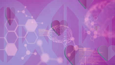 Animation-of-heart-icons,-human-brain-and-data-over-dna-strand-on-pink-background
