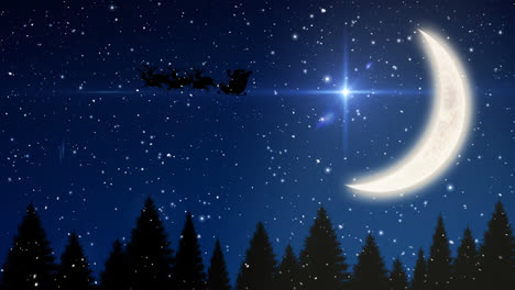 Animación-De-Nieve-Cayendo-Sobre-Santa-Claus-En-Trineo-Con-Renos,-Luna-Y-Estrella-Brillante