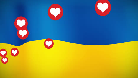 Animation-Von-Herzen,-Die-über-Der-Flagge-Der-Ukraine-Schweben
