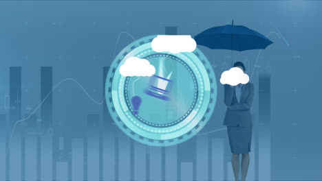 Animation-Von-Wolken-Mit-Symbolen-über-Einer-Kaukasischen-Geschäftsfrau-Mit-Regenschirm,-Diagramm-Und-Bewegter-Uhr