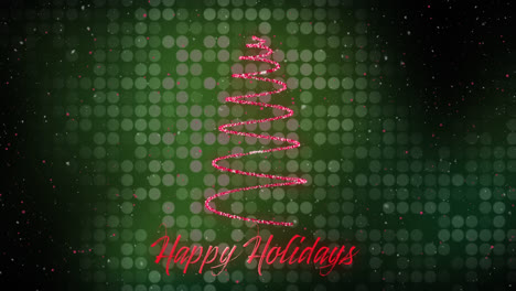 Snow-falling-over-shooting-star-forming-a-christmas-tree-and-happy-holidays-text-on-green-background