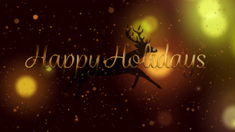 Animation-of-happy-holidays-text-over-running-reindeer-and-glowing-lights-on-dark-background