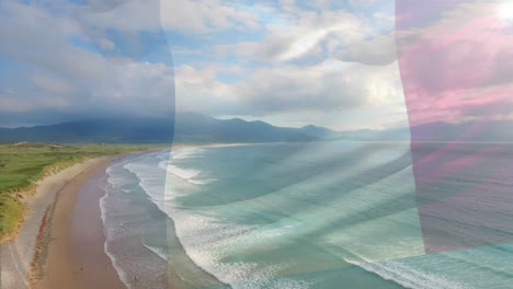 Animation-of-flag-of-france-blowing-over-beach-landscape