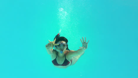 Morena-Nadando-Bajo-El-Agua-Usando-Snorkel-Sosteniendo-Estrellas-De-Mar