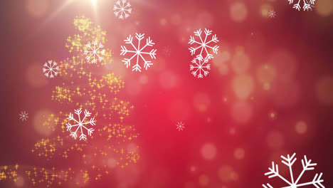 Snowflakes-falling-over-shooting-star-forming-a-christmas-tree-against-red-background