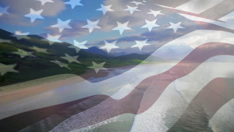 Animation-Der-Flagge-Der-Vereinigten-Staaten,-Die-über-Der-Meereslandschaft-Weht