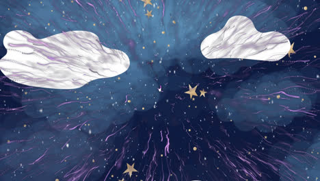 Lichtspuren-Explodieren-Vor-Schnee,-Der-über-Sternen-Und-Wolkensymbolen-Auf-Blauem-Hintergrund-Fällt