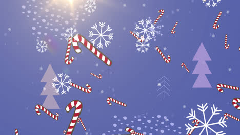 Animation-of-falling-snowflakes-an-candy-cane-on-blue-background