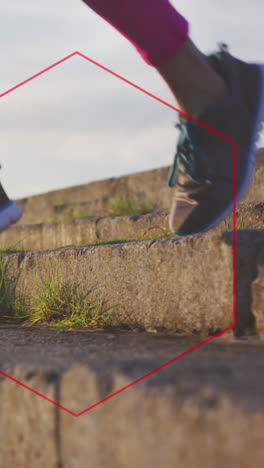 Red-hexagonal-shape-against-low-section-of-a-woman-running-down-the-stairs