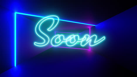 Animation-of-soon-text-in-blue-neon-with-colourful-neon-light-beams-moving-on-black-background