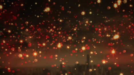 Animation-of-yellow-and-red-christmas-flickering-spots-over-cityscape-in-background