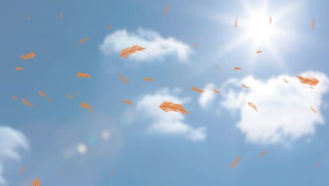 Animation-Von-Orangefarbenen-Vogelfedern,-Die-über-Der-Sonne-Im-Wolkig-blauen-Himmel-Fallen
