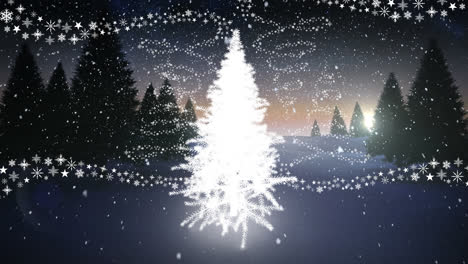 Animation-of-snow-falling-over-christmas-tree-and-winter-scenery