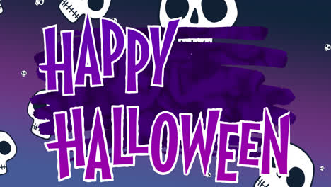 Animation-Von-Halloween-Grüßen-Auf-Violettem-Hintergrund-Mit-Fallenden-Totenköpfen