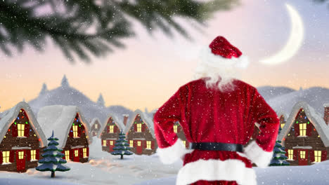 Snow-falling-over-rear-view-of-santa-claus-and-multiple-houses-on-winter-landscape