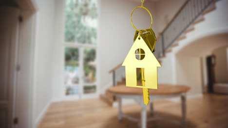 Animation-of-gold-key-and-key-ring-over-blurred-house-interior