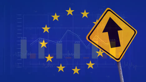 Animation-Der-Verarbeitung-Finanzieller-Daten-über-Verkehrszeichen-Und-EU-Flagge