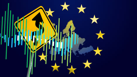 Animation-of-financial-data-processing-over-road-sign-and-flag-of-eu-with-map-of-europe