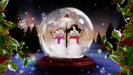 Animation-Von-Tannenzweigen-Und-Weihnachtsschneekugel-In-Winterlandschaft
