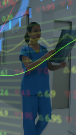 Animation-of-financial-data-processing-over-biracial-female-doctor-with-x-ray-scan