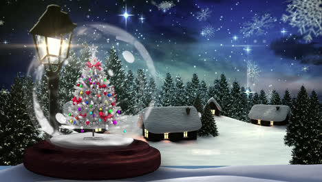 Snowflakes-falling-over-christmas-tree-in-a-snow-globe-against-winter-landscape-and-night-sky