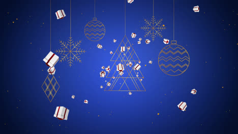 Animation-of-falling-presents-over-christmas-decorations-on-blue-background
