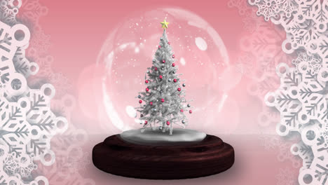 Shooting-star-around-over-christmas-tree-in-a-snow-globe-against-snowflakes-on-pink-background