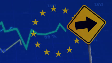 Animation-of-financial-data-processing-over-road-sign-and-flag-of-eu