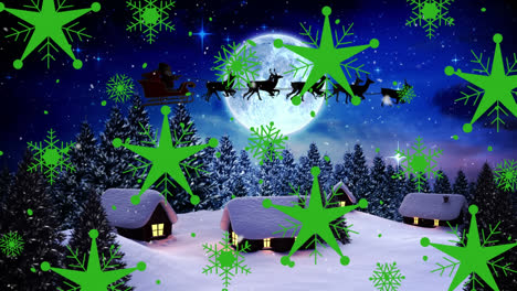 Animation-of-snowflakes-over-santa-claus-in-sleight-with-reindeer-in-winter-scenery