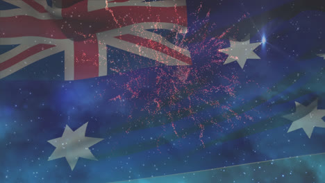 Animation-Der-Flagge-Australiens,-Die-über-Einem-Feuerwerk-Weht