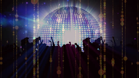 Animation-of-crowd-of-people-dancing-in-music-venue-with-mirror-ball-spinning-and-colourful-lights