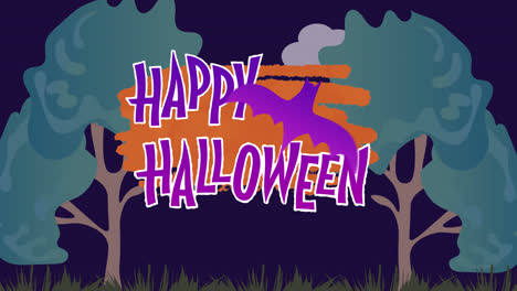 Animation-Von-Halloween-Grüßen-Und-Fledermaus-Auf-Dunkelblauem-Hintergrund-Mit-Bäumen