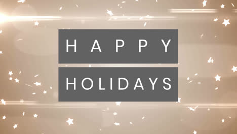 Happy-holidays-grey-text-banner-over-spot-of-light-and-multiple-star-icons-against-grey-background