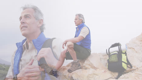 Composite-of-caucasian-senior-man-hiking-on-mountain-enjoying-view,-and-sitting-on-rocks