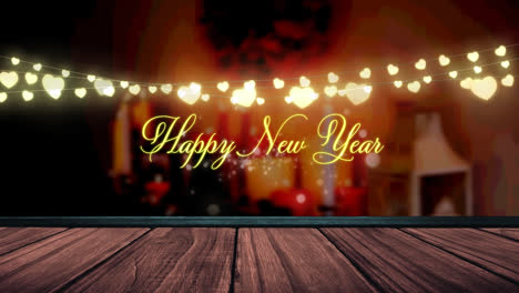 Happy-new-year-text-and-glowing-yellow-heart-shaped-fairy-light-decoration-over-wooden-plank