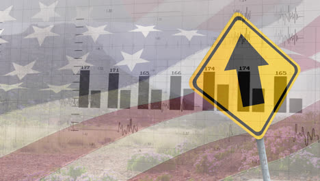 Animation-Der-Verarbeitung-Finanzieller-Daten-Und-Des-Straßenschilds-über-Der-Flagge-Der-USA-Und-Der-Landschaft