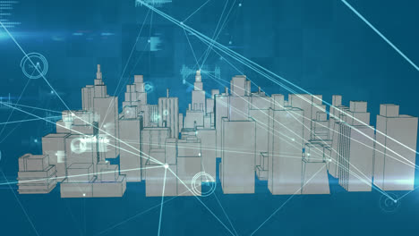 Animation-Des-Verbindungsnetzwerks-über-Der-Digitalen-Stadt-Auf-Blauem-Hintergrund