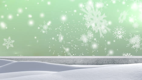 Snow-falling-over-winter-landscape-against-multiple-snowflakes-icons-on-green-background